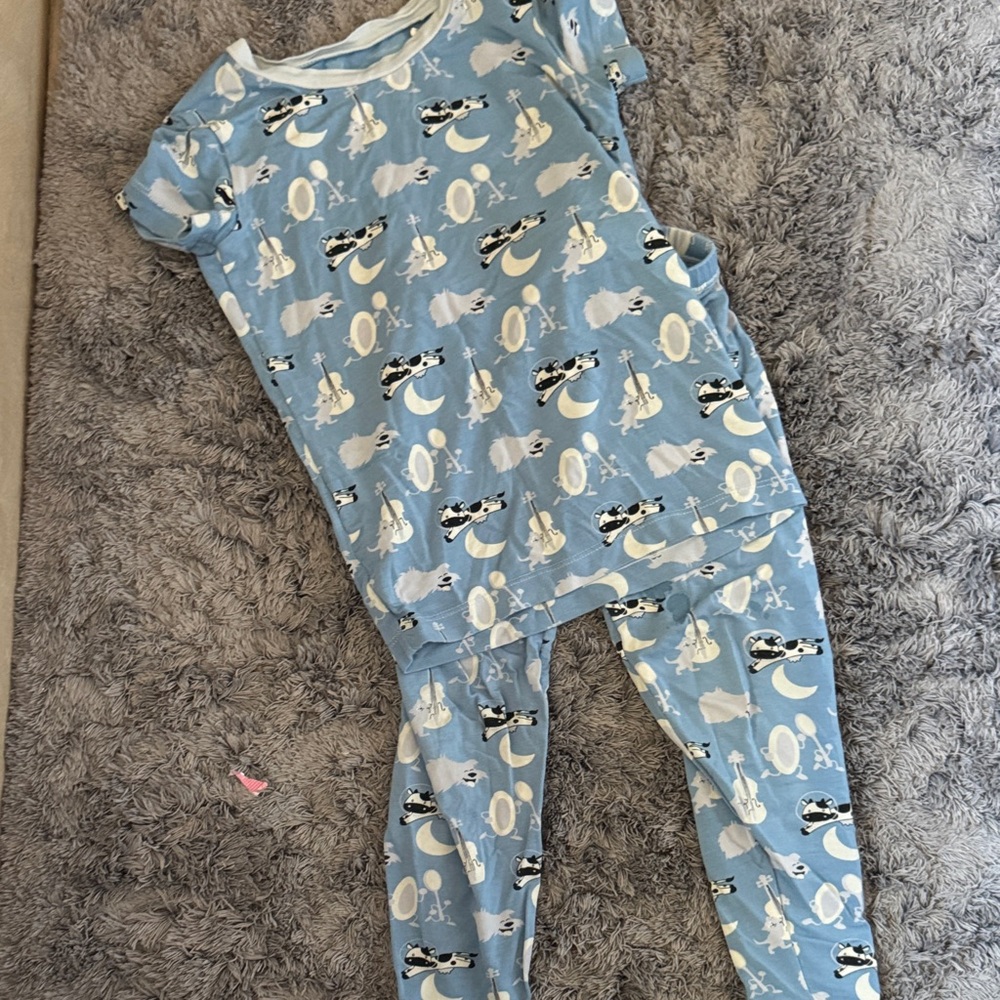 Kickee Pants Blue Pajama Set with Cow and Moon Print